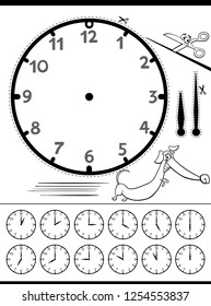 Black and White Cartoon Illustrations of Clock Face Telling Time Educational Page for Children