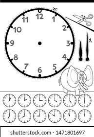 Black and White Cartoon Illustrations of Clock Face Telling Time Educational Worksheet for Children