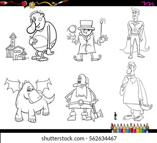 Black and White Cartoon Illustrations of Fantasy or Fairy Tale Characters Set Coloring Page