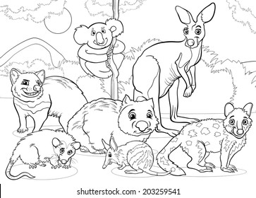 Black and White Cartoon Illustrations of Funny Marsupials Mammals Animals Mascot Characters Group for Coloring Book