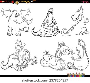 Black and white cartoon illustrations of funny dragons fantasy animal characters set coloring page