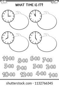 Black and White Cartoon Illustrations of Telling Time Educational Worksheet for Children