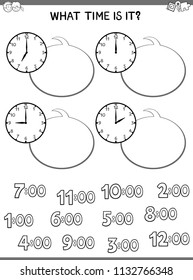 Black and White Cartoon Illustrations of Telling Time Educational Worksheet for Children