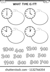 Black and White Cartoon Illustrations of Telling Time Educational Worksheet for Children with Clock Face