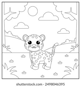 black and white cartoon leopard character (vector illustration), coloring book for children.