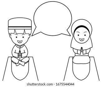 Black and White Cartoon Line Art Muslim Edition With Empty Bubble Text