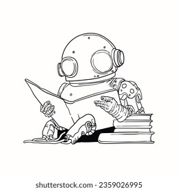 black and white cartoon line drawing of a robot reading a book