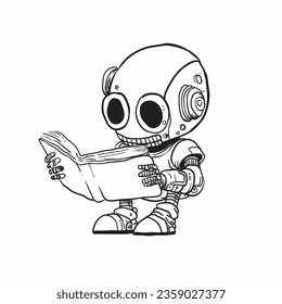 black and white cartoon line drawing of a robot reading a book