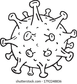 Black and white cartoon line work hand drawn cell of covid 19.