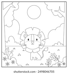 black and white cartoon lion character (vector illustration), coloring book for children.