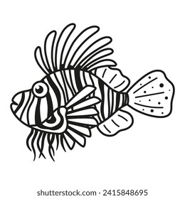 black and white cartoon lionfish isolated on white background, beautiful aquatic character in stripes in flat style