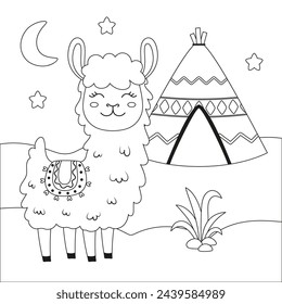 black and white cartoon llama, wigwam, plant, starts and moon in flat style, vector illustration of cute landscape