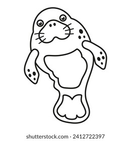 black and white cartoon manatee, linear vector illustration isolated on white background, sea animal