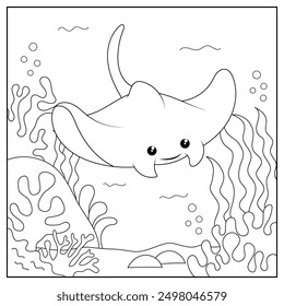 black and white cartoon manta character (vector illustration), coloring book for children.