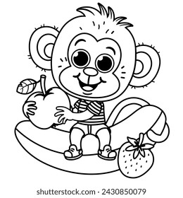 Black and white cartoon monkey character illustration sitting among colourful fruits.