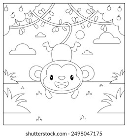 black and white cartoon monkey character (vector illustration), coloring book for children.