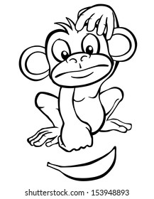 Black and white cartoon monkey looking at a banana.