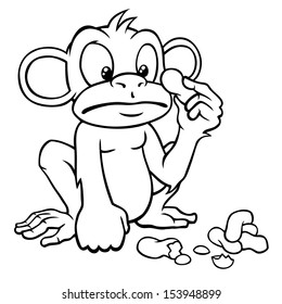Black and white cartoon monkey looking at some peanuts.