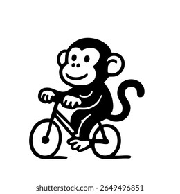 Macaco de desenho animado preto e branco andando de bicicleta