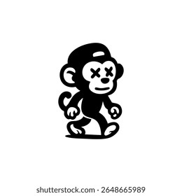 Black and white cartoon monkey wearing a cap, with crossed-out eyes