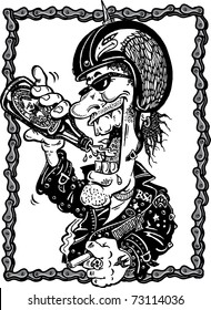 Black and white cartoon of motor biker in leather jacket drinking beer/ Biker