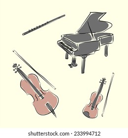 Black and white cartoon music instruments. Violin, cello , piano , flute. Vector sketch coloring