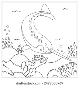 black and white cartoon narwhal character (vector illustration), coloring book for children.