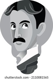 
Caricatura en blanco y negro de Nikola Tesla en forma de bombilla. Ingeniero y ingeniero famoso
