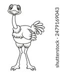 Black and White Cartoon Ostrich Vector Flat Design Ideal for Coloring Pages, Isolated on White Background