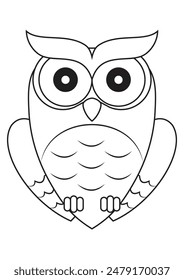 Black and White Cartoon Owl Vector Flat Design Ideal for Coloring Pages, Isolated on White Background