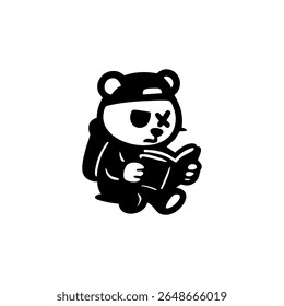 Um urso panda preto e branco usando um boné, sentado e lendo um livro.  Ele tem um único X sobre um olho