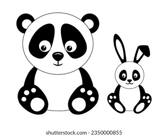 Black and white cartoon panda and bunny isolated on white background. Vector illustration, design element for postcards, textile, print or stickers