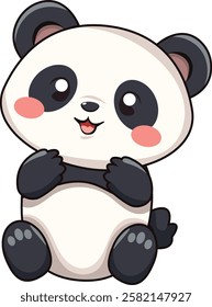 A black and white cartoon panda sitting upright with a happy expression and rosy cheeks.