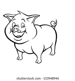 Black And White Cartoon Pig Smiling.