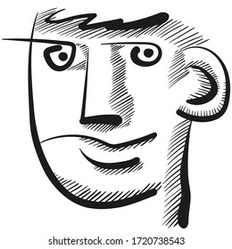 Black and white cartoon portrait of an abstract male face. Avatar.