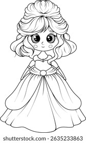 Garota princesa dos desenhos animados preto e branco para colorir o livro ou a página