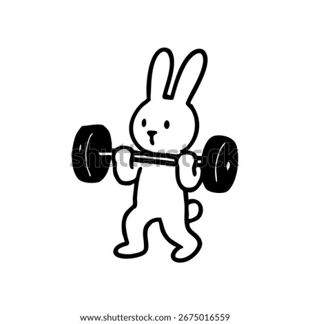 Black and white cartoon of a rabbit lifting weights
