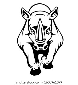 Black and white cartoon of a rhino isolated on a white background