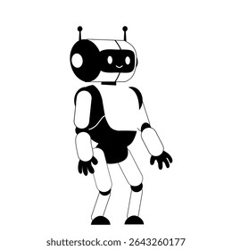 robô desenhos animados preto e branco com antenas e rosto amigável, de pé sobre fundo branco. Personagem futurista humanoide para ilustrações de tecnologia e IA