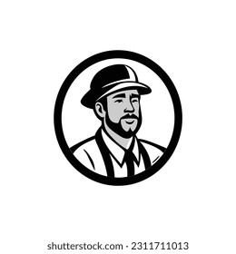 Black and white cartoon round logo design of a camping man vector illustration template design