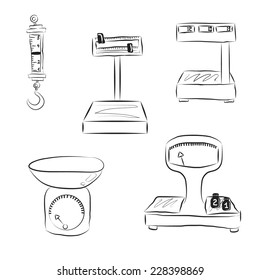 Black and white cartoon scales. steelyard, electronic balance, scales with weights, scales with bowl .vector sketch coloring.