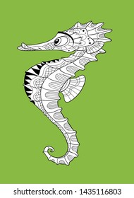 Black and white cartoon seahorse for coloring with separate texture and separate background
