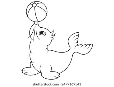 Black and White Cartoon Seal who Plays with the Beach Ball Vector Flat Design Ideal for Coloring Pages, Isolated on White Background