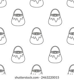 black and white cartoon seamless pattern with bucket of honey, vector illustration in flat style