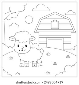 black and white cartoon sheep character (vector illustration), coloring book for children.