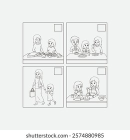 Black and white cartoon showing a mother and daughter cooking, preparing meals, and walking. Highlights family values, daily routine, and parent-child relationship interactions in simple.