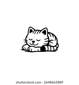 Uma caricatura em preto e branco de um gato dormindo.  A arte simples retrata um felino fofo e relaxado com os olhos fechados, deitado.  Pele listrada e pequenos detalhes adicionam caráter