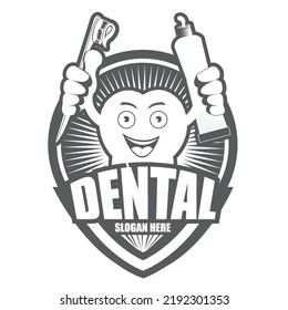 Black and white Cartoon Smiling tooth logo.It's Happy smile concept.