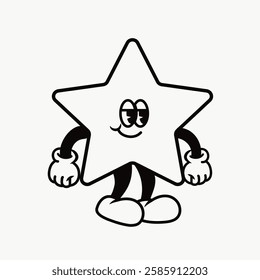 Black and white cartoon star character with a smiling face, gloves, and shoes. Simple, playful star design with expressive eyes and a cheerful demeanor. Line art illustration vector.