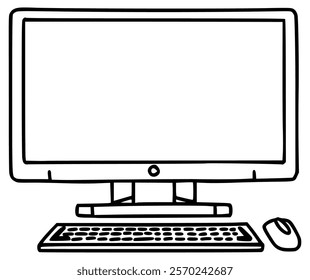 Black and White Cartoon Style Desktop Computer Drawing